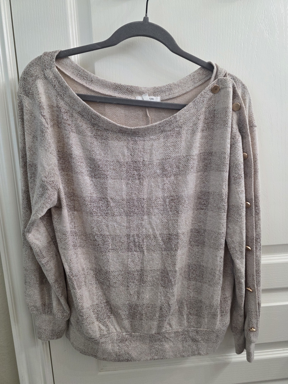 Maurices Taupe Plaid Off-the-Shoulder Button-Trim Sweater